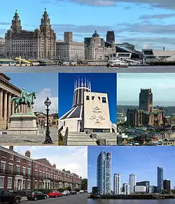 Top: Pier Head and the Mersey Ferry Middle: St George's Hall, the Metropolitan Cathedral, and the Anglican Cathedral Bottom: the Georgian Quarter and Prince's Dock