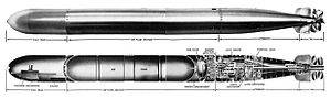 Mark 14 torpedo side view and interior mechanisms, Torpedoes Mark 14 and 23 Types, OP 635, March 24 1945.jpg