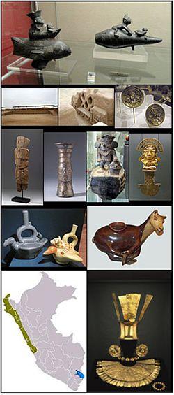 Chimú pottery and ceramics, Chan Chan, Gold ceremonial dress, a map of Chimu cultural influence within Peru