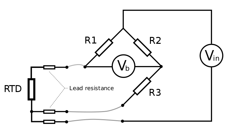 Three wire RTD Wheatstone bridge