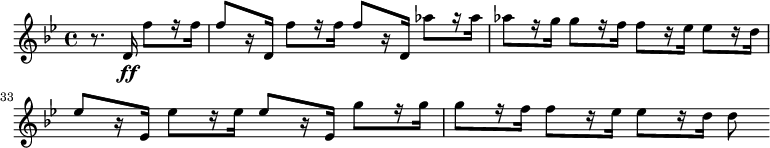  { \relative c' { \set Score.currentBarNumber = #31 \time 4/4 \key bes \major \partial2 r8. d16\ff f'8[ r16 f] f8[ r16 d,] f'8[ r16 f] f8[ r16 d,] aes''8[ r16 aes] aes8[ r16 g] g8[ r16 f] f8[ r16 es] es8[ r16 d] es8[ r16 es,] es'8[ r16 es] es8[ r16 es,] g'8[ r16 g] g8[ r16 f] f8[ r16 es] es8[ r16 d] d8 } } 