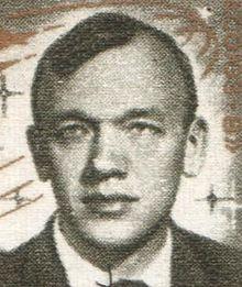 The Soviet Union 1969 CPA 3811 stamp (Vladimir Shatalov and Aleksei Yeliseyev (Soyuz 8)) cropped Yeliseyev.jpg