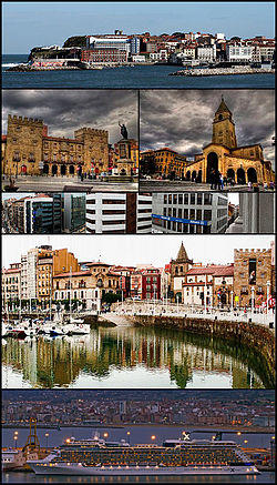 Top:View of Santa Catalina Hills (Cerro de Santa Catalina), 2nd row: Revillagigedo Palace and Don Pelayo Statue (left), San Pedro Church (right), 3rd row: An office area in Munuza Street, 4th row: Cimadevilla area and San Juan Bautista, Bottom: Twilight view of El Musel Port