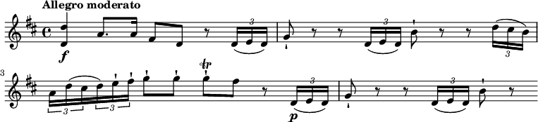  \relative c' { \version "2.18.2" \key d \major \time 4/4 \tempo "Allegro moderato" \tempo 4 = 70 <d d'>4\f a'8. a16 fis8 d r8 \tuplet 3/2 {d16 (e d)} g8-! r8 r8 \tuplet 3/2 {d16 (e d)} b'8-! r8 r8 \tuplet 3/2 {d16 (cis b)} \tuplet 3/2 {a16 d (cis} \tuplet 3/2 {d) e-! fis-!} g8-! g-! g-! \trill fis r8 \tuplet 3/2 {d,16\p (e d)} g8-! r8 r8 \tuplet 3/2 {d16 (e d)} b'8-! r8 } 