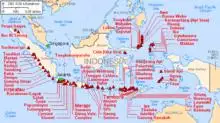 A chart with the heading "Major Volcanoes of Indonesia (with eruptions since 1900 A.D.)". Depicted below the heading is an overhead view of a cluster of islands.