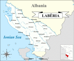 Map of Labëria, based on the more expansive version (see Labëria#Extent)