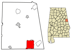 Location of Roanoke in Randolph County, Alabama.