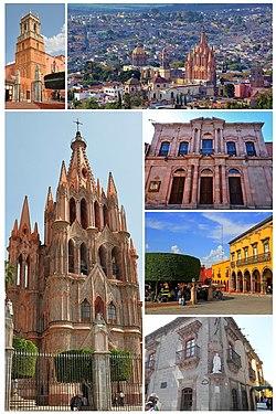 From top to bottom: Left: - Inmaculada Concepcion Temple - San Miguel de Allende Cathedral Right: - Panorama view of Cathedral and downtown San Miguel de Allende - Angela Peralta Teather - Allende Garden Park - San Miguel de Allende Historic Museum