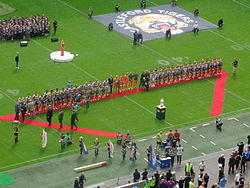 The finalists lining up before the 2014 Challenge Cup Final. The Challenge Cup is the premier knock-out tournament in England.