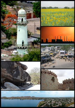 Raichur district montage Clockwise from top left:Ek Minar Masjid in Raichur, Sunflower fields near Buddinni, Raichur Thermal Power Station, Channamma Circle Sindhanur, Mudgal fort, Aam Talab Lake in Raichur, outer view of Rock edicts of Ashoka at Maski.