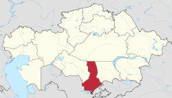 Map of Kazakhstan, location of Turkistan Region highlighted