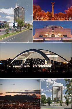 Clockwise from top: San Antonio de Padua Church, La Exedra, Aguascalientes Theatre, Cerro del Muerto, Plaza Bosques Tower, and the San Marcos Park.