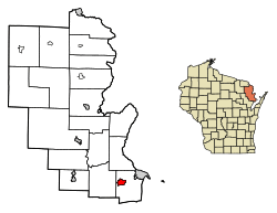 Location of Peshtigo in Marinette County, Wisconsin.
