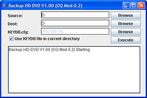 Version of BackupHDDVD modified to include a GUI in use on a Windows XP system
