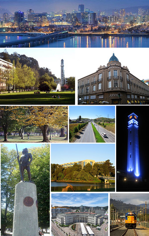 Collage of some Concepción landmarks, Top: Skyline; Upper left: University of Concepción; Upper right: Store in downtown; Middle left: Ecuador Park; Middle center: General Bonilla/Alonso de Ribera freeway; Middle right: University of Concepción bell tower; Lower left: Lautaro statue on Plaza de la Independencia (Independence Square); Lower center: Las Tres Pascualas lake with San Sebastián University in the background; Bottom center: Court of Appeals; Bottom right: Train belonging to Biotrén, Concepción metro area's suburban rail.