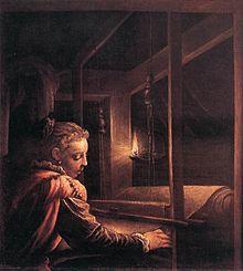16th-century painting of Penelope weaving by candlelight.