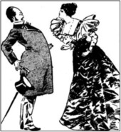 man in overcoat and top hat quailing at a verbal assault from a woman in elaborate evening gown