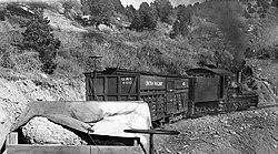 Uintah Railway primarily hauled Gilsonite but here dinosaur bones peak-out from under a tarp enroute to Mack, CO for shipment to the Carnegie Museum.jpg