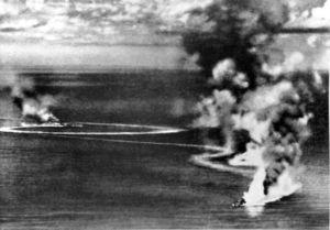 British heavy cruisers HMS Dorsetshire and Cornwall under Japanese air attack and heavily damaged on 5 April 1942