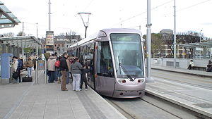Luas Citadis 301 (Dublin tram) at Heuston station, June 2005.jpg