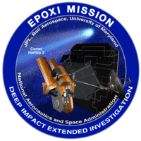 A circle with a blue border encloses an image of a spacecraft on approach to a comet. The words "EPOXI Mission" and "Deep Impact Extended Investigation" are written along the border of the image.