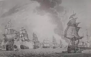 eight large ships with tattered sails and twisted masts sail across a choppy sea, some with smoke billowing from their sides. Other ships are less distinct, in the background. In the background a pillar of smoke rises into a cloudy sky. In the proper left foreground is a ship with two small boats and some floating wreckage beside it.