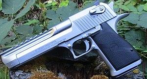 Photo of the gun on a tree stump, propped up by a rock. Vegetation is in the background.