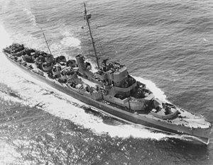 USS William T. Powell (DE-213) underway in the Atlantic Ocean on 9 July 1944 (80-G-239228).jpg
