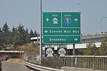A highway sign with arrows and labels for streets in various directions
