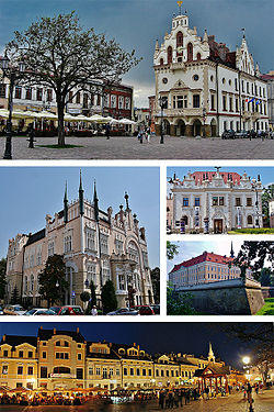 Left to right: Rzeszów City Hall Regional Financial Center Siemiaszkowa Theater Rzeszów Castle Night view of the Main Market Square