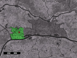 The village centre (red) and the statistical district (light green) of Echteld in the municipality of Neder-Betuwe.