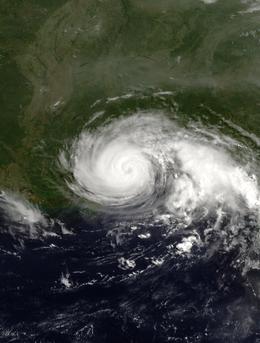 A view of Hurricane Danny from Space on July 19, 1997. Danny is at its peak intensity, and is approaching landfall along the U.S. Gulf Coast. The Florida peninsula is seen on the eastern side of the image.