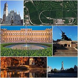 A collage showing different features of the city of Monza. Top left: Monza Cathedral; top right: aerial view of Autodromo Nazionale di Monza Circuit; centre left: Royal Villa, centre right: Caduti Monument; bottom left: park of the Villa Reale Palace; bottom right: Expiatory chapel.