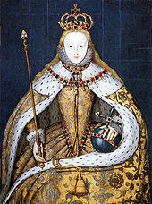 Coronation portrait of Elizabeth I in a gold robe trimmed with ermine. She wears a crown and holds a gold sceptre in her right hand and a blue orb in her left.