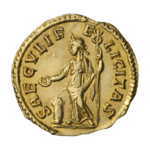 A golden coin bearing the inscription of a standing Felicitas, facing left