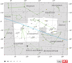 Diagram showing star positions and boundaries of the Aquarius constellation and its surroundings