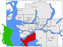 Location of Delta within the Greater Vancouver Area in British Columbia, Canada