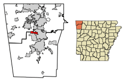 Location of Elm Springs in Benton County and Washington County, Arkansas