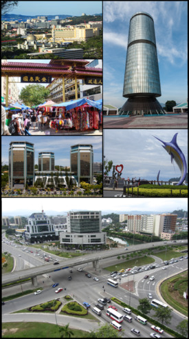 From top right clockwise: Tun Mustapha Tower, Swordfish and I❤KK Statue, Wawasan intersection, Wisma Tun Fuad Stephens, Gaya Street and downtown of city centre.