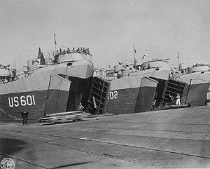 LST-601, LST-602 and LST-603 at the U.S. Naval Amphibious Base Little Creek, Virginia (USA), on 10 May 1944.jpg
