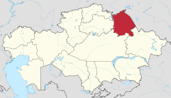 Map of Kazakhstan, location of Pavlodar Province highlighted
