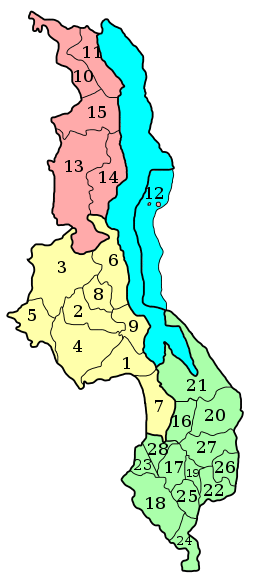 A clickable map of Malawi exhibiting its 28 districts.