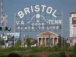 A sign welcomes visitors to the twin cities of Bristol, Virginia and Bristol, Tennessee.