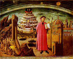 Fresco showing Dante Alighieri holding a copy of his epic poem The Divine Comedy, in the dome of the church of Santa Maria del Fiore in Florence (Florence's cathedral)