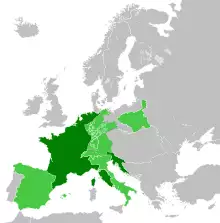 Map of Europe. French Empire shown as bigger than present day France as it included parts of present-day Netherlands and Italy.