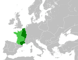 The Kingdom of France in 1190. The bright green area was controlled by the so-called Angevin Empire.