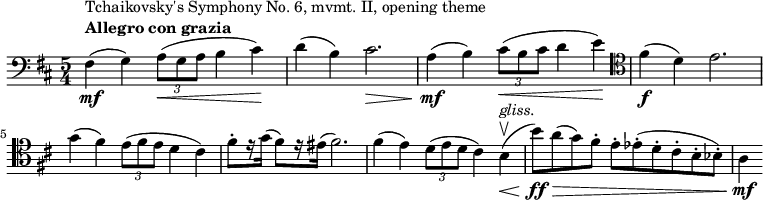  \relative c { \set Score.tempoHideNote = ##t \tempo 4 = 144 \set Staff.midiInstrument = #"cello" \clef bass \key d \major \time 5/4 fis4\mf(^\markup { \column { \line { Tchaikovsky's Symphony No. 6, mvmt. II, opening theme } \line { \bold { Allegro con grazia } } } } g) \tuplet 3/2 { a8(\< g a } b4 cis)\! d( b) cis2.\> a4(\mf b) \tuplet 3/2 { cis8(\< b cis } d4 e)\! \clef tenor fis(\f d) e2. \break g4( fis) \tuplet 3/2 { e8( fis e } d4 cis) fis8-. [ r16 g( ] fis8) [ r16 eis( ] fis2.) fis4( e) \tuplet 3/2 { d8( e d } cis4) b\upbow(\<^\markup { \italic gliss. } [ b'8)\ff\> a( g) fis-. ] e-. [ es-.( d-. cis-. b-. bes-.) ] a4\mf } 