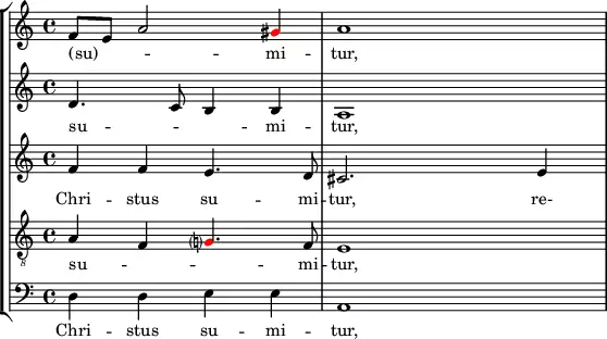  { #(set-global-staff-size 18) \override Score.SpacingSpanner.strict-note-spacing = ##t \set Score.proportionalNotationDuration = #(ly:make-moment 1/16) << \new StaffGroup << \new Staff << \set Score.tempoHideNote = ##t \tempo 4 = 72 \set Staff.midiInstrument = #"voice oohs" \clef treble \time 4/4 \relative c' { \clef treble \time 4/4 f8 e a2 \once \override NoteHead.color = #red gis4 a1 } \addlyrics { (su) -- _ _ mi -- tur, } >> \new Staff << \set Staff.midiInstrument = #"voice oohs" \clef treble \time 4/4 \new Voice \relative c' { d4. c8 b4 b a1 } \addlyrics { su -- _ _ mi -- tur, } >> \new Staff << \set Staff.midiInstrument = #"voice oohs" \clef treble \time 4/4 \new Voice \relative c' { f4 f e4. d8 cis2. e4 } \addlyrics { Chri -- stus su -- mi -- tur, re- } >> \new Staff << \set Staff.midiInstrument = #"voice oohs" \clef "treble_8" \time 4/4 \new Voice \relative c' { a4 f \once \override NoteHead.color = #red g?4. f8 e1 } \addlyrics { su -- _ _ mi -- tur, } >> \new Staff << \clef bass \time 4/4 \new Voice \relative c { d4 d e e a,1 } \addlyrics { Chri -- stus su -- mi -- tur, } >> >> >> } 