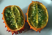 Fruit in cross section showing green flesh
