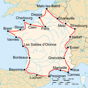 Route of the 1929 Tour de France followed counterclockwise, starting in Paris